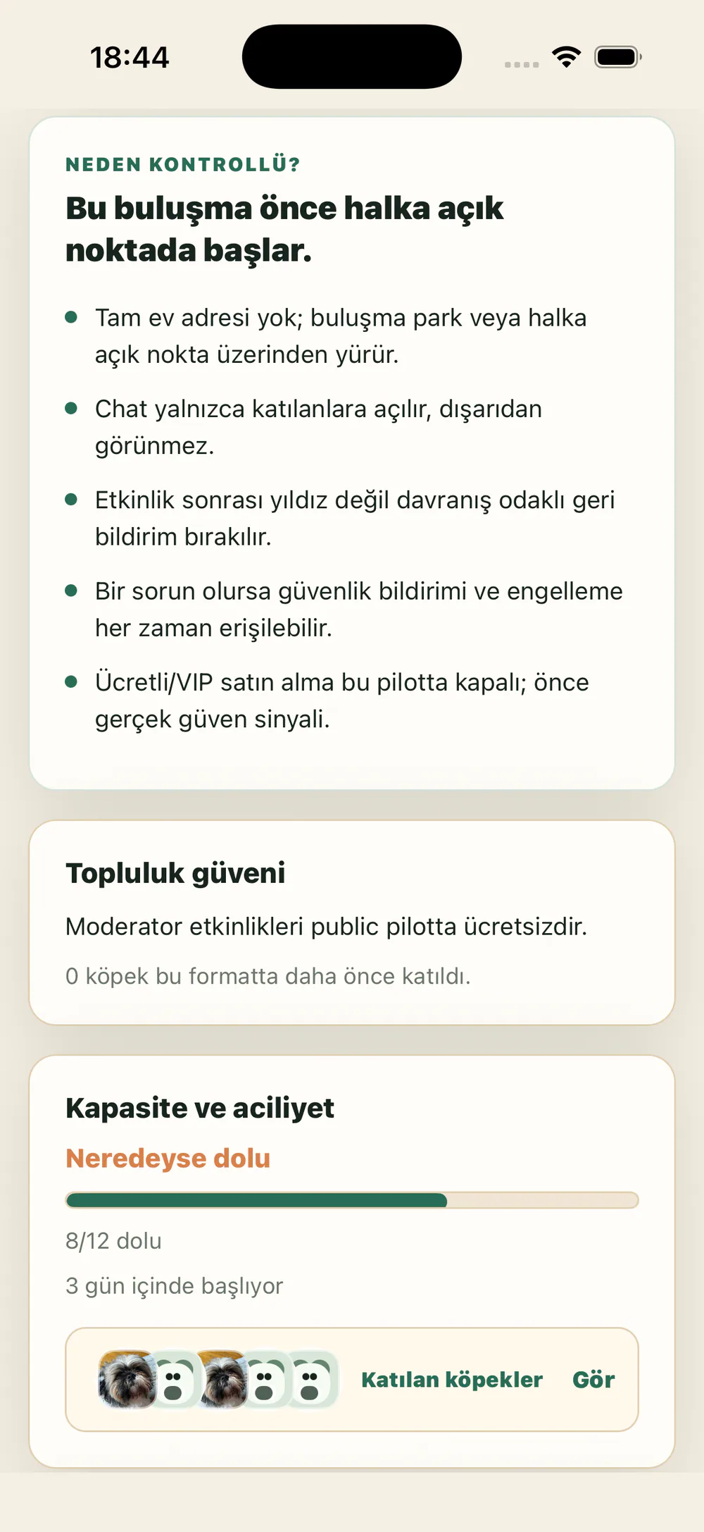 Aktif Pati event detail screen explaining safety rules and participant-only chat