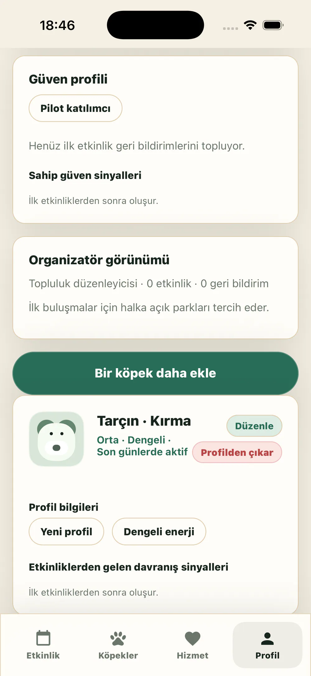 Aktif Pati profile trust signals and dog profile screen