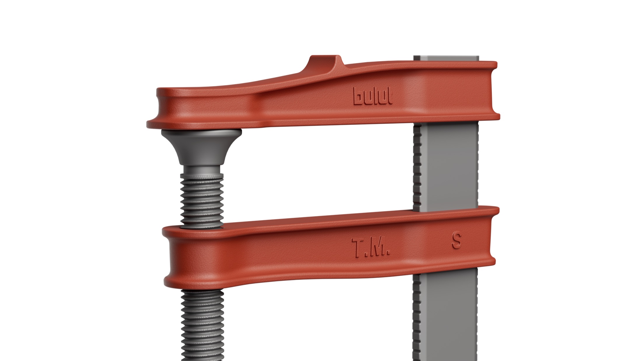 Close-up render of Bulut F-Clamp embossed body detail and surface transitions