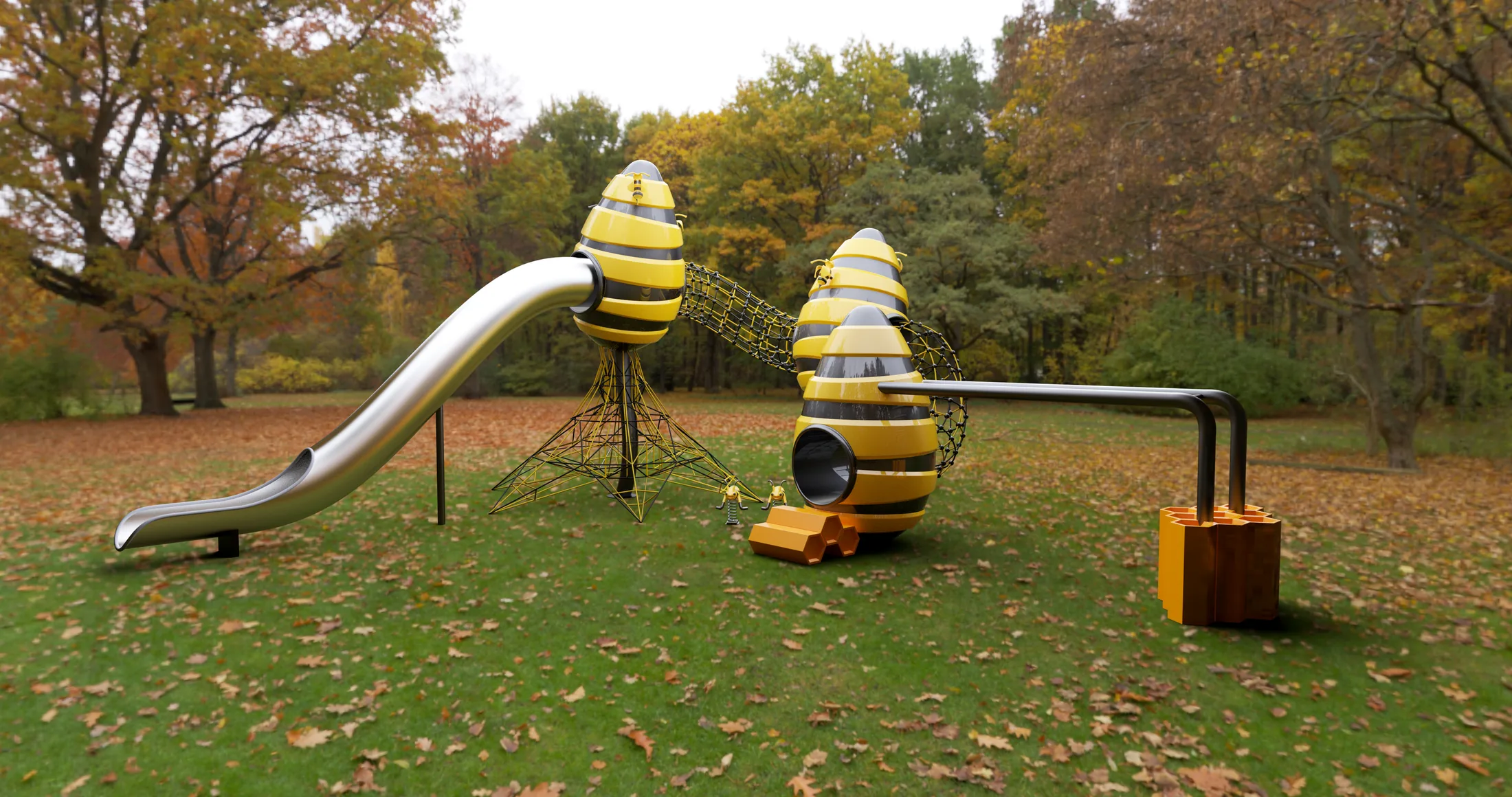 Hive play-system design render in a park setting