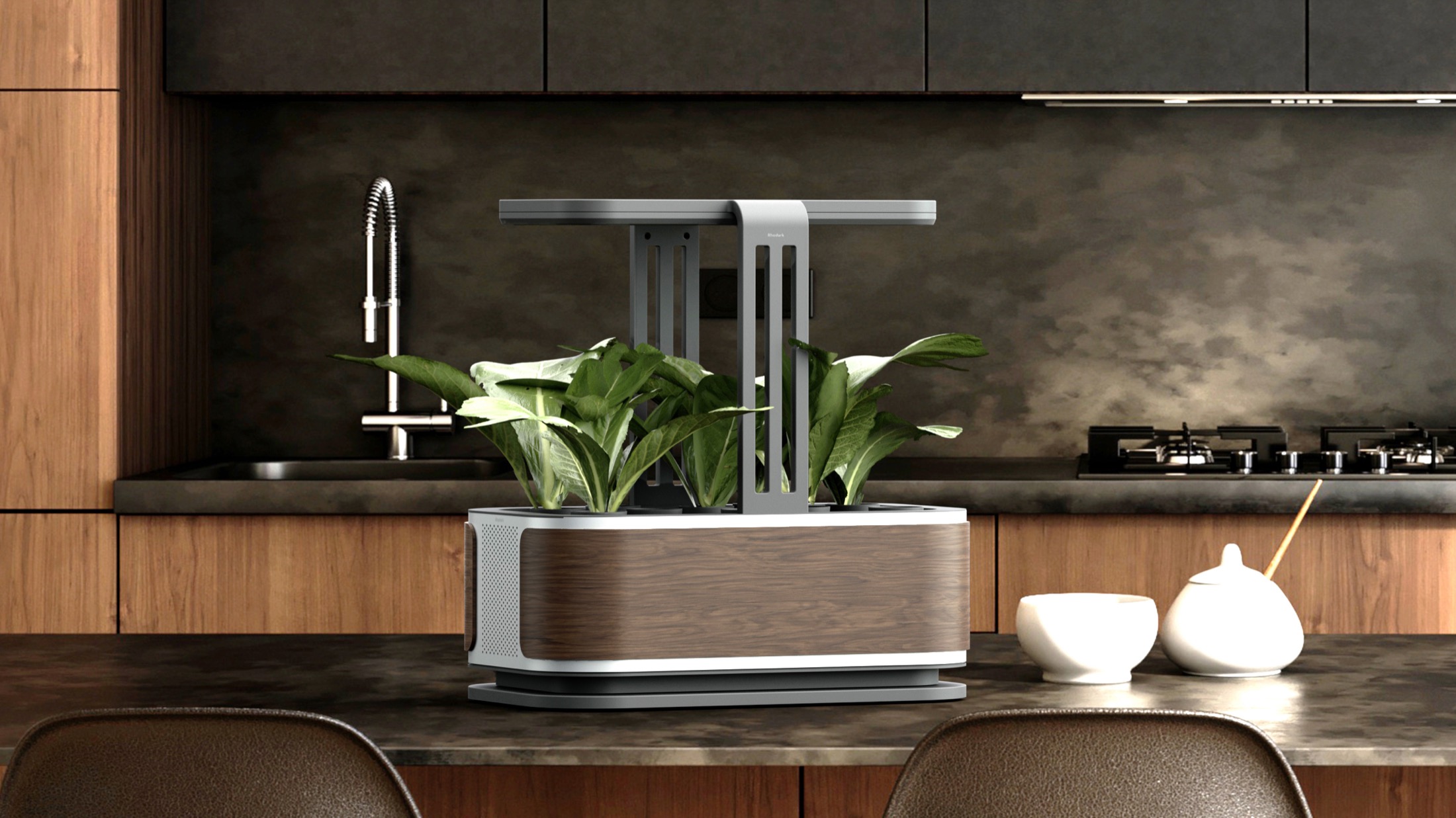 Rhodark smart garden render in a warm kitchen setting