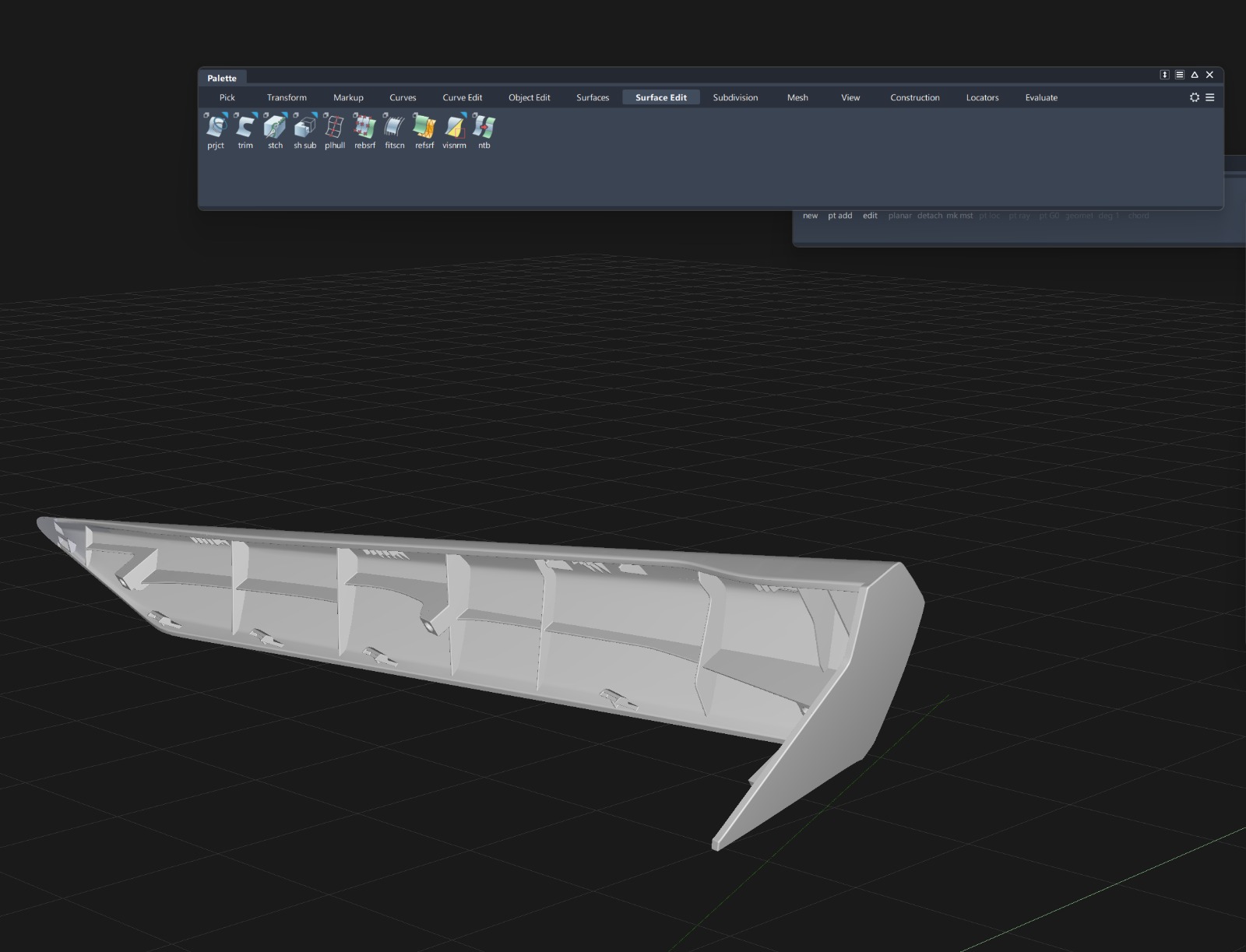 Class-A automotive surface and plastic part structure being reviewed in CAD