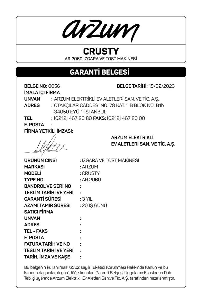 Official AR2060 Crusty guarantee record dated 15 February 2023