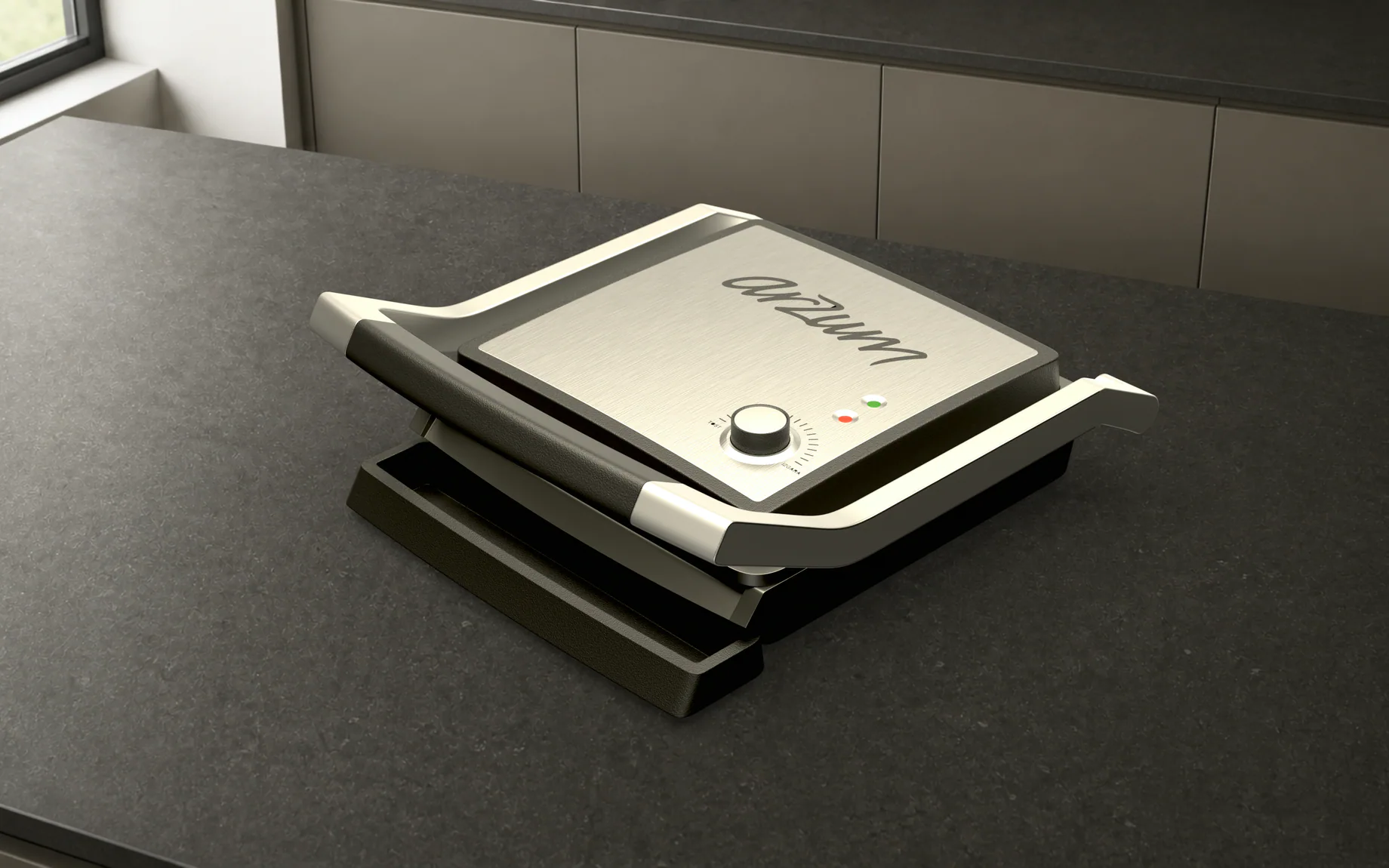 Product-architecture render developed for the Arzum sandwich press programme on a kitchen worktop