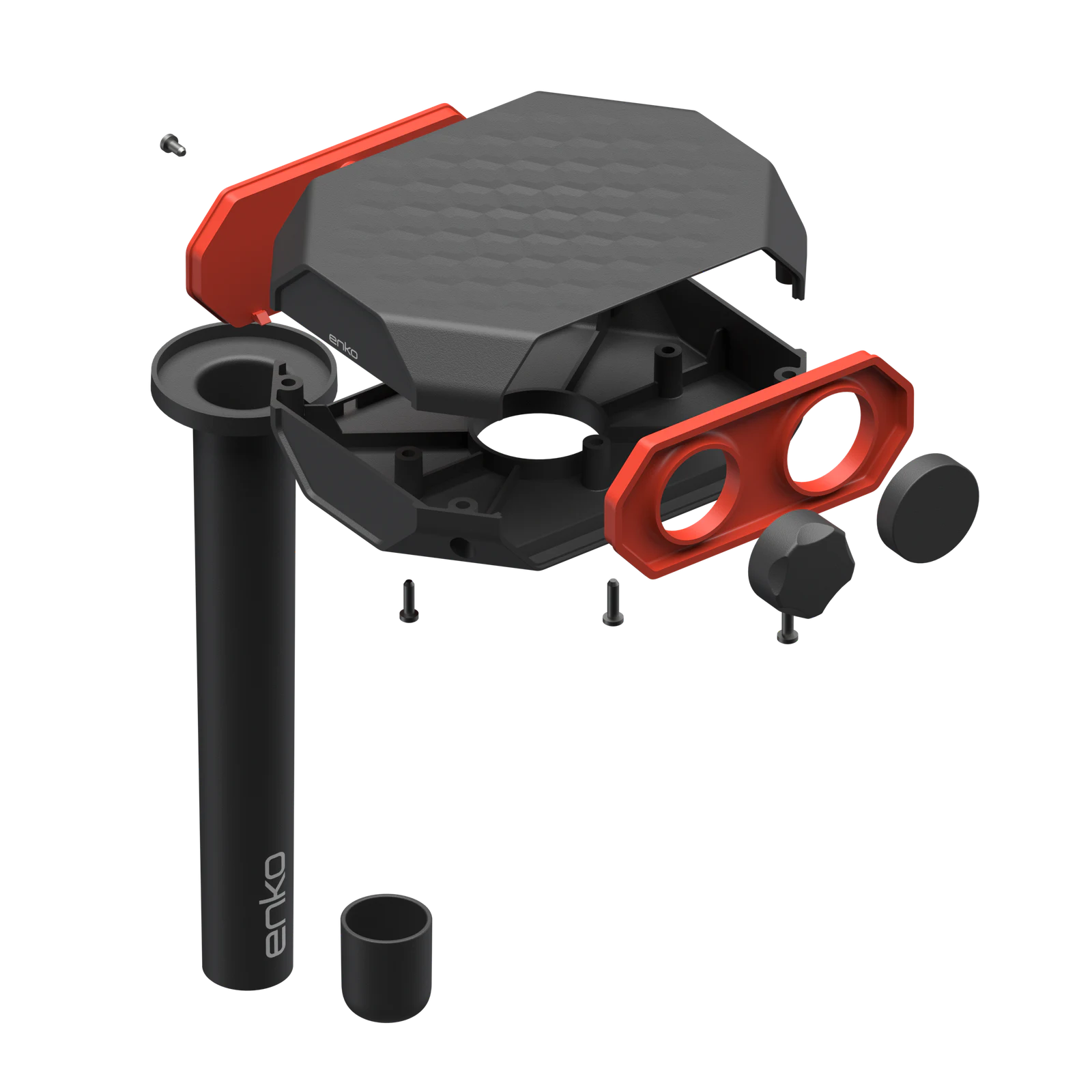 Exploded render of the Enko Valent sensor showing upper shell, lower body, front panel, probe and fasteners